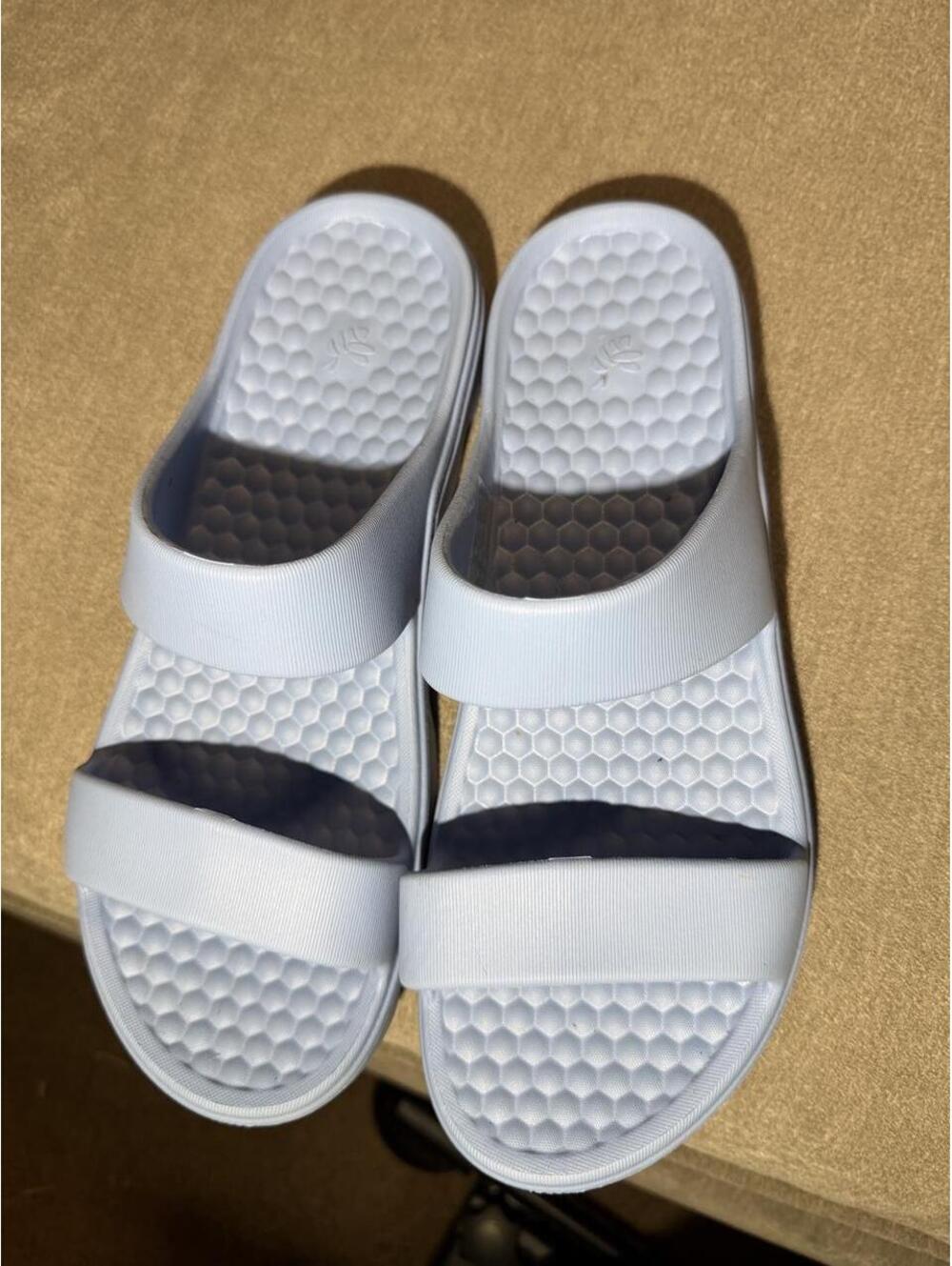 Joybees platform slide sandals in a soft periwinkle blue, women’s size 11.